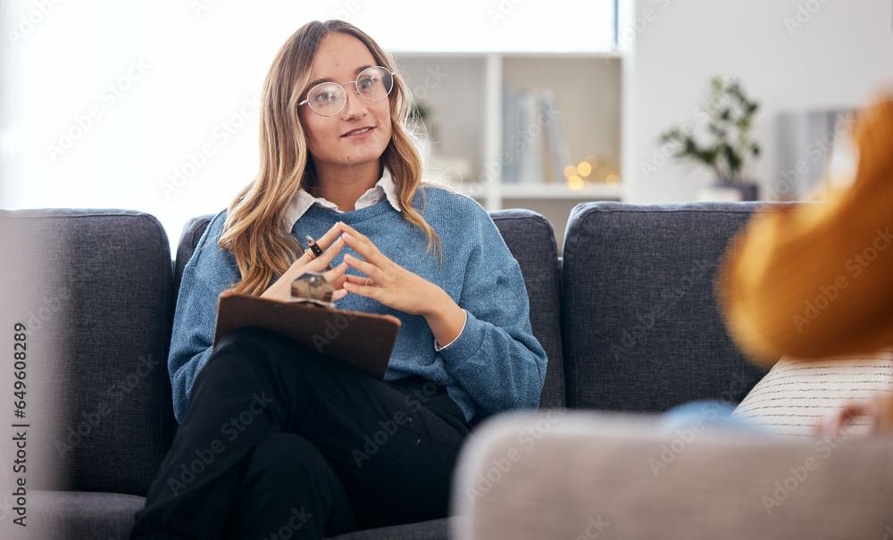 Counseling, therapy and woman therapist talking to client in a consultation or psychology conversation for mental health. Communication, support and professional Psychologist help person with advice