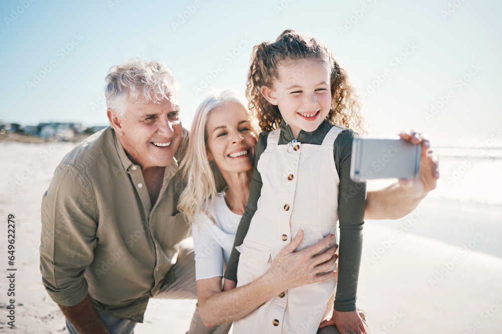 Family, selfie smile and beach holiday with grandparents and young girl together with travel. Happy, child and love at the sea and ocean with profile picture for social media on summer vacation