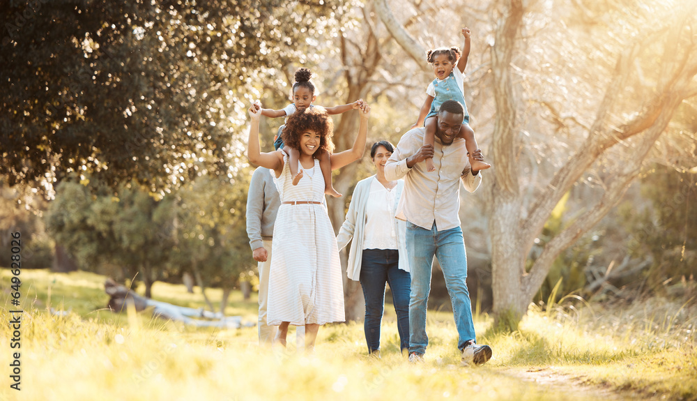 Big family, happy and walking at park together, care and bonding outdoor. Grandparents, kids and interracial mother and father in nature on holiday, travel vacation in garden and having fun at forest