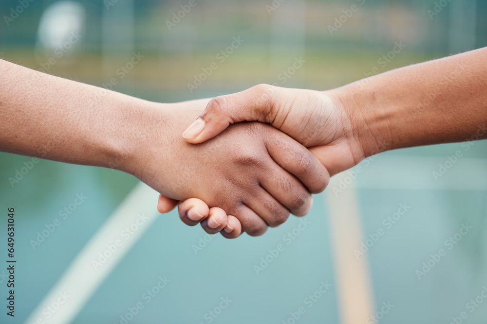 Handshake, partnership and sports outdoor, team or support with fitness closeup. People shaking hands, athlete collaboration at competition and working together, solidarity and trust with cooperation