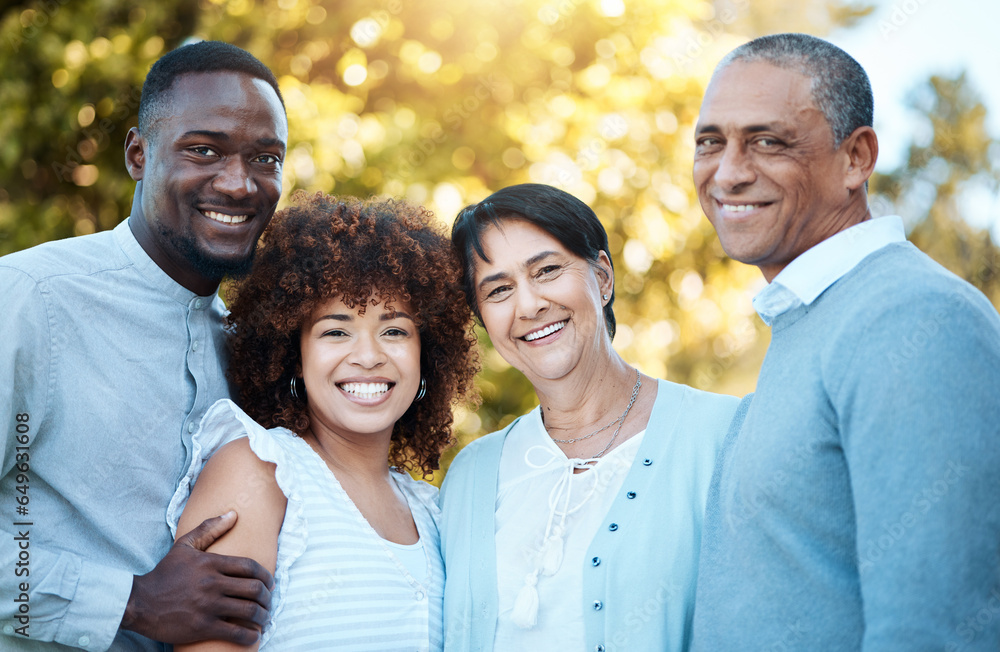 Nature, portrait and people with senior parents in an outdoor park for bonding together. Happy, smile and young man and woman with elderly mom and dad in retirement in green garden for fresh air.