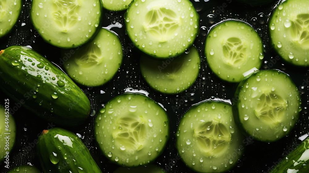 Fresh green cucumber slices with water drops background. Vegetables backdrop. Generative AI