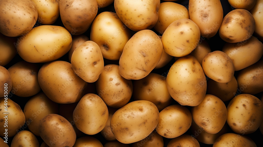 Fresh potatoes with water drops background. Vegetables backdrop. Generative AI