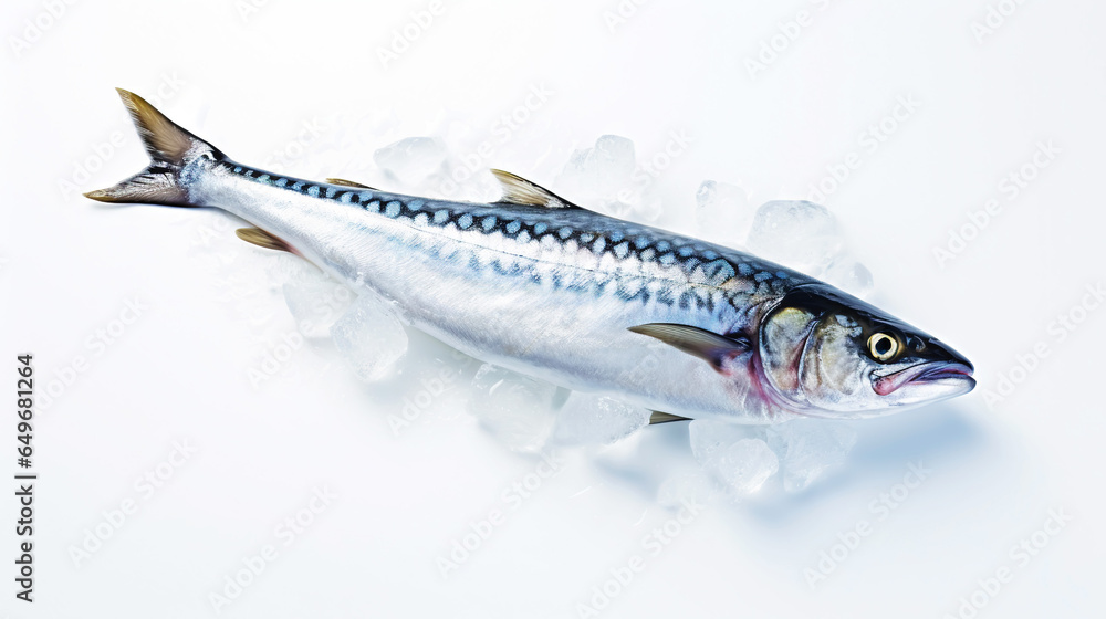 Fresh mackerel fish (Scomber scrombrus) on ice. Seafood background. Generative AI