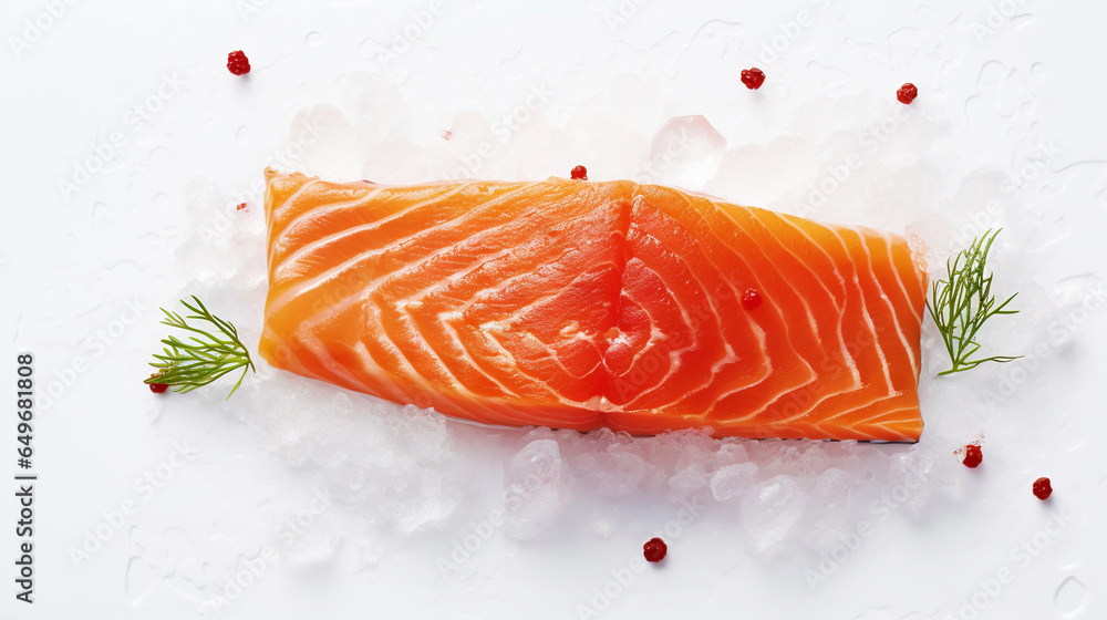 Fresh salmon fillet on ice. Red tasty fish meat. Seafood background. Generative AI