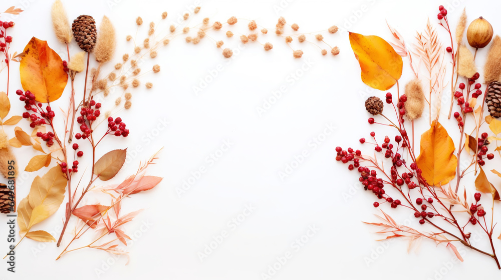 Autumn creative frame composition with dried leaves, chestnuts, red berries and cones on white background. Generative AI