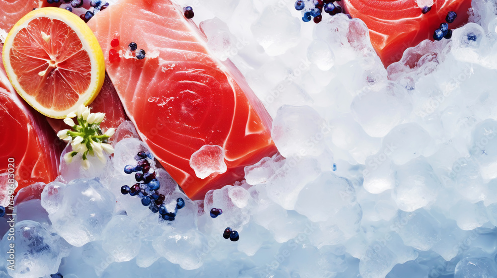 Slices of tuna fish on the ice cubes. Fresh fish fillet. Seafood background. Generative AI