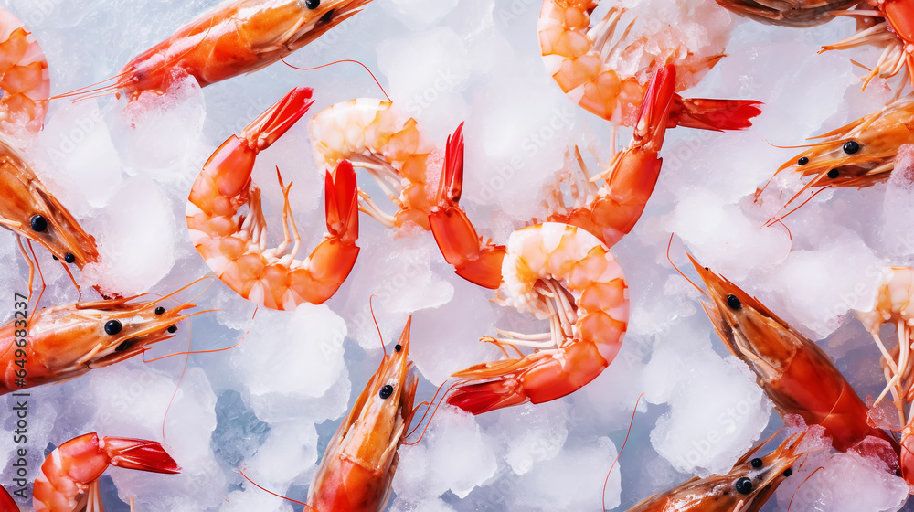 Top view of raw whole shrimps on ice. Seafood background. Generative AI