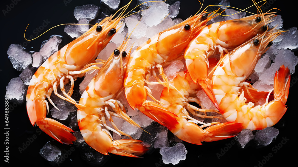 Top view of raw whole king prawns on ice. Seafood background. Generative AI