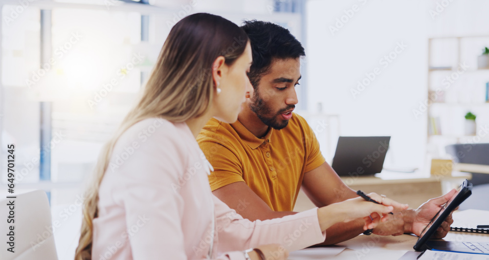 Planning, tablet and teamwork of business people, discussion or brainstorming in office workplace. Technology, collaboration and cooperation of man and woman pointing, online research and strategy.