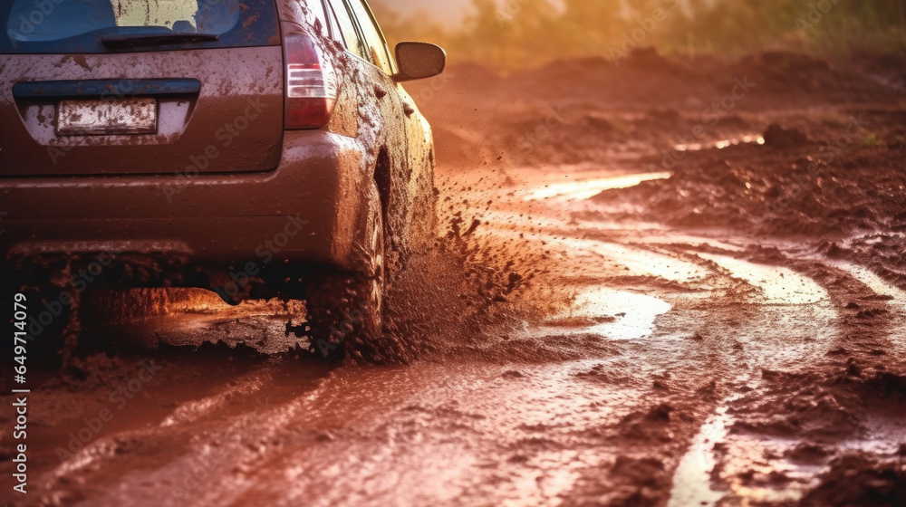 A car drives through mud, Off road travel. Generative Ai