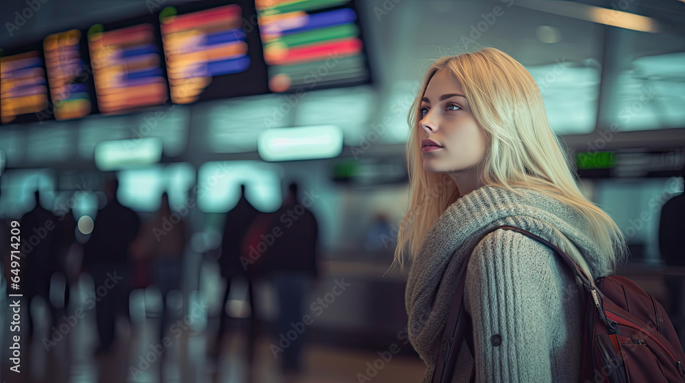 A young woman at an international airport looks at the flight information board, holds a suitcase in her hand and checks her flight at the airport. Generative Ai