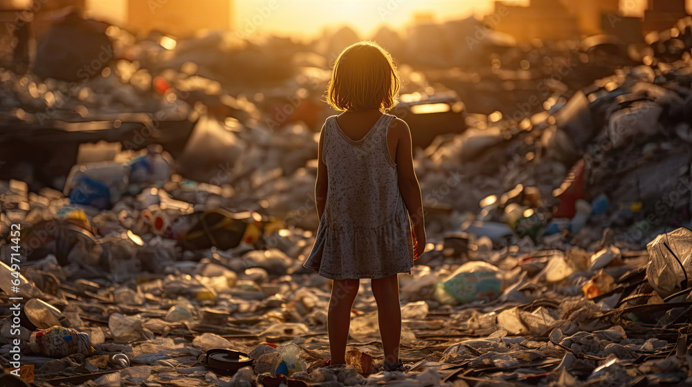 Backside of a Child looking at a lot of plastic waste. Generative Ai