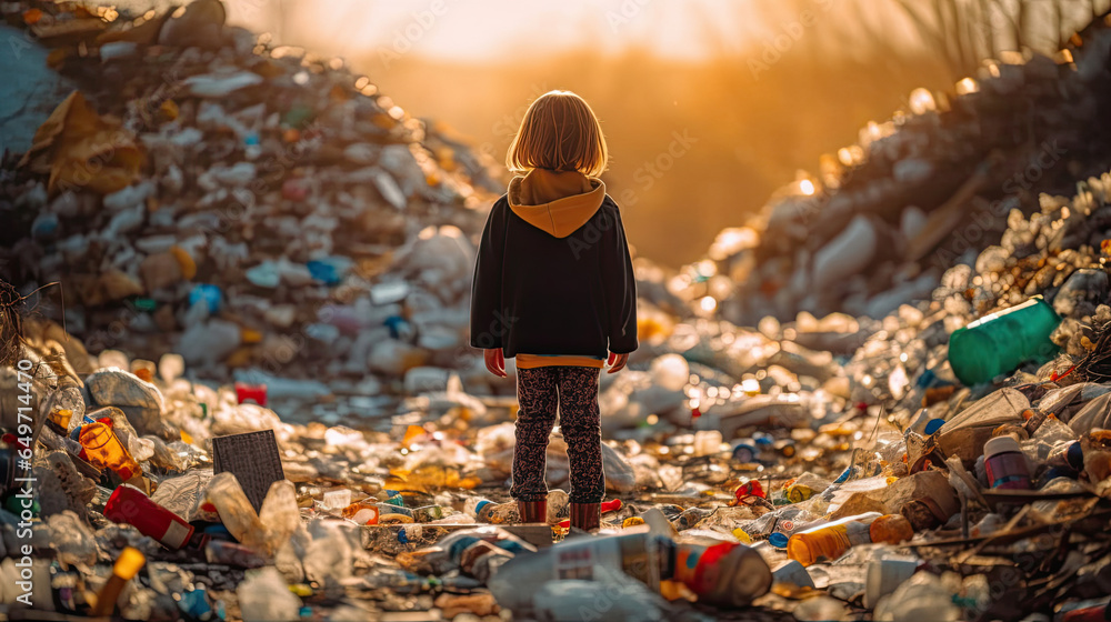 Backside of a Child looking at a lot of plastic waste. Generative Ai