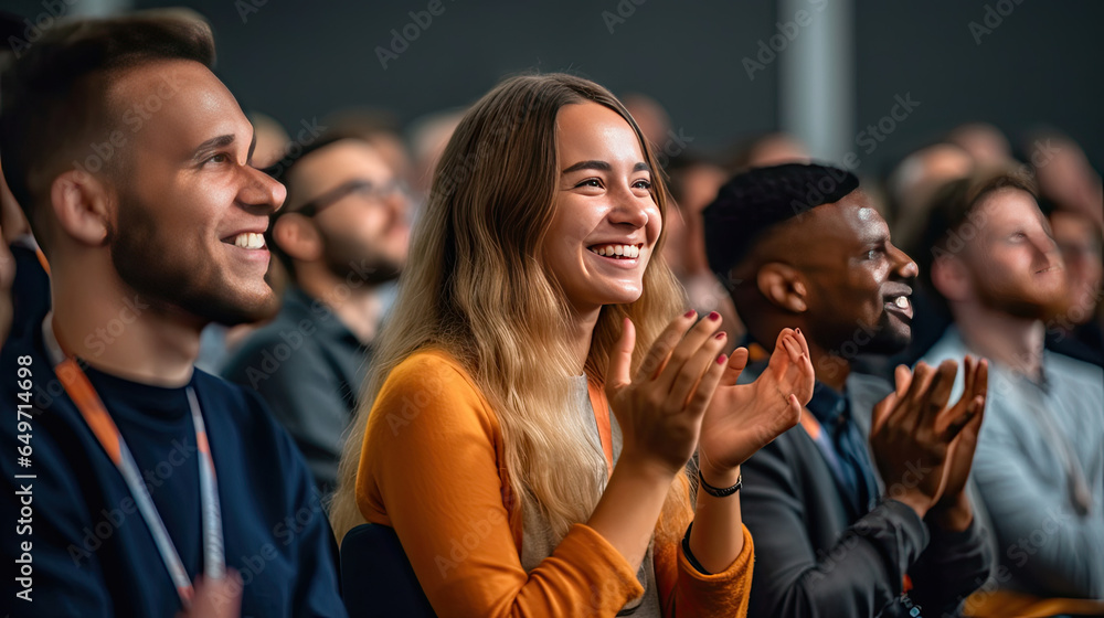 Group of young people applauding while sitting in a conference room at the seminar. Generative Ai