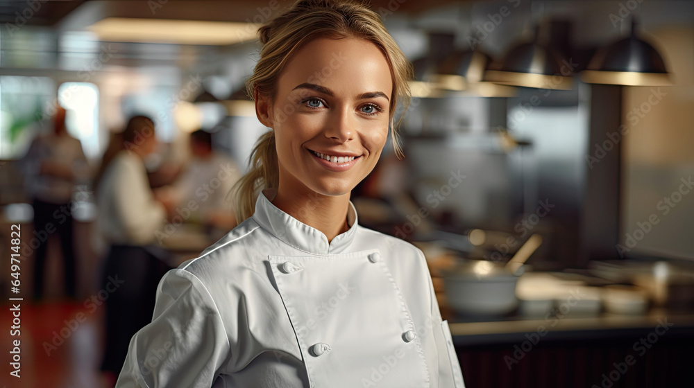 Portrait of A smiling female chef in the kitchen. Generative Ai