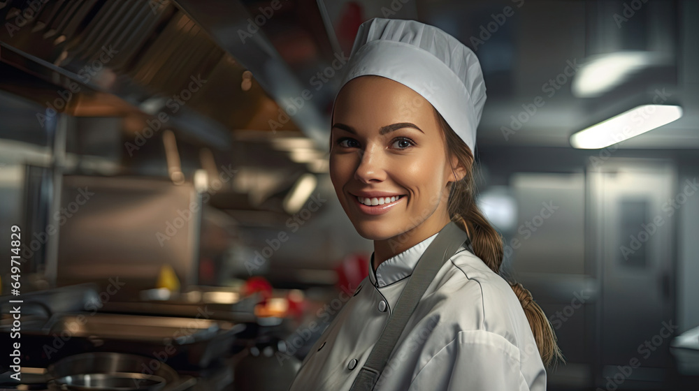 Portrait of A smiling female chef in the kitchen. Generative Ai