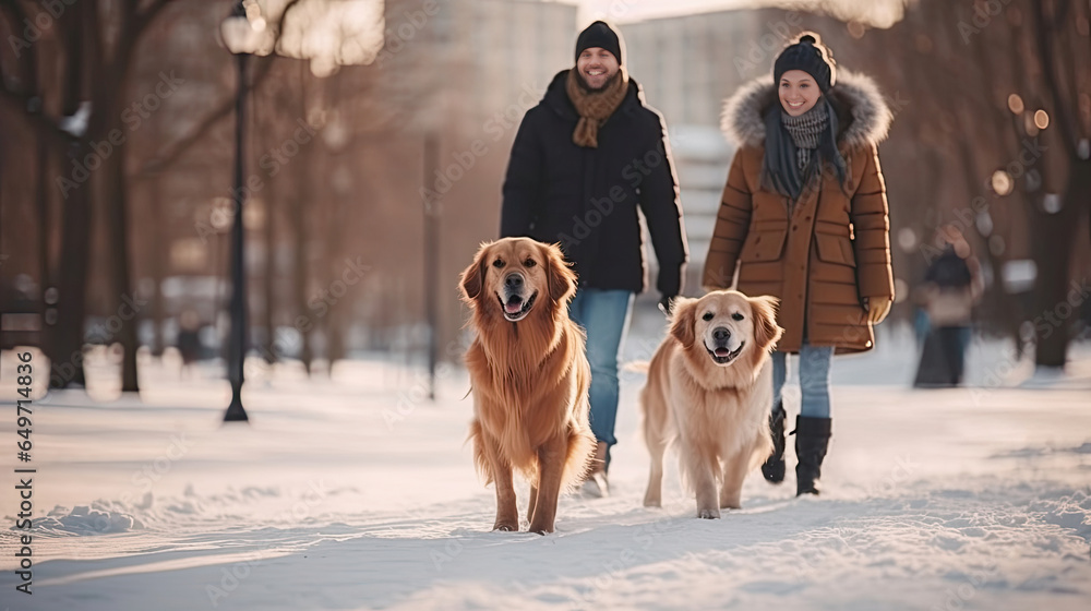 Happy family running their pet golden retriever in the winter park. Generative Ai