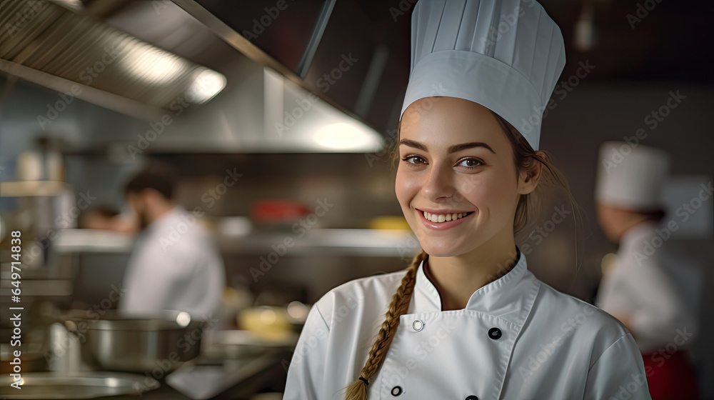 Portrait of A smiling female chef in the kitchen. Generative Ai