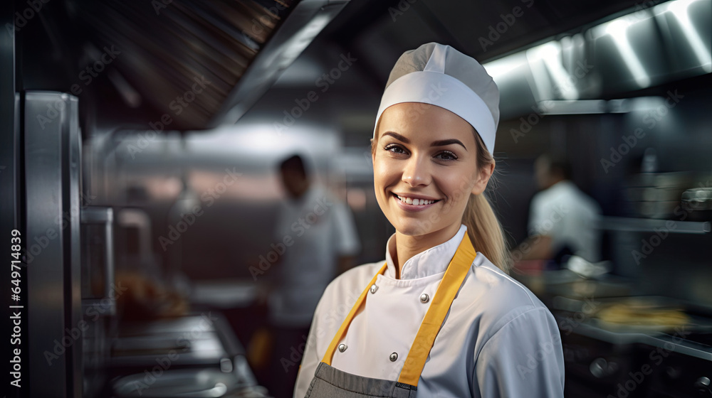 Portrait of A smiling female chef in the kitchen. Generative Ai