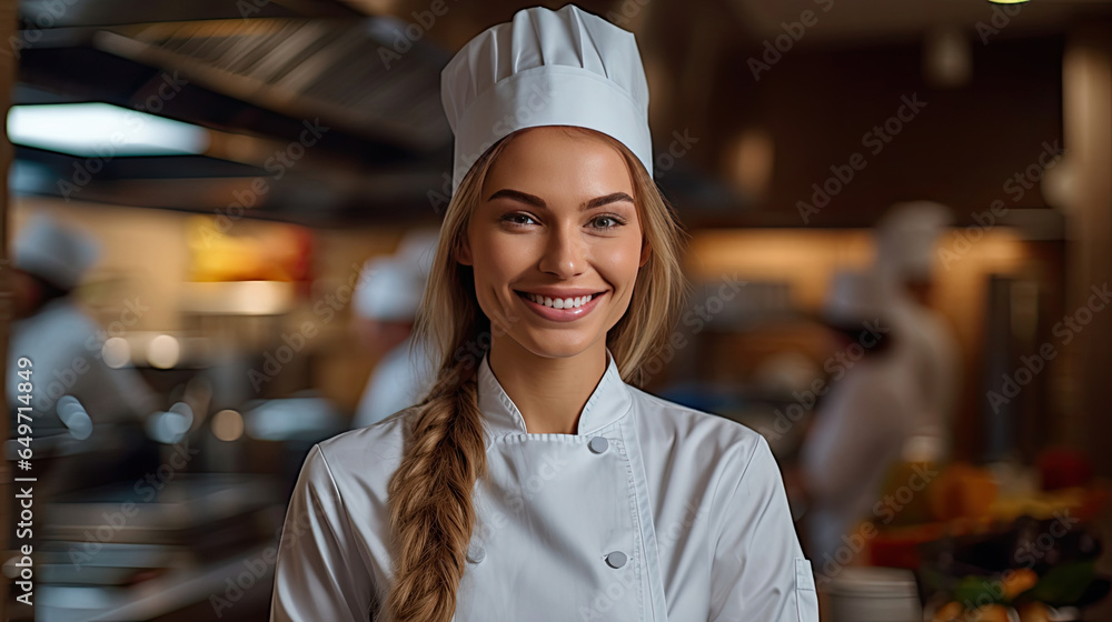 Portrait of A smiling female chef in the kitchen. Generative Ai