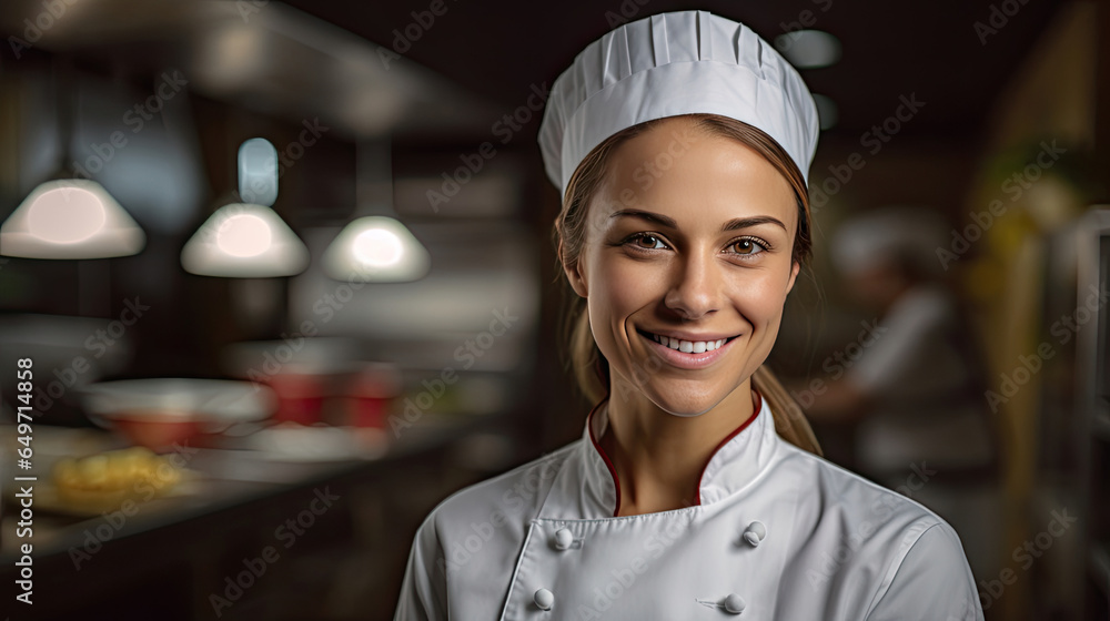 Portrait of A smiling female chef in the kitchen. Generative Ai