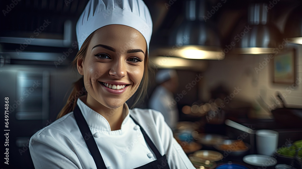 Portrait of A smiling female chef in the kitchen. Generative Ai