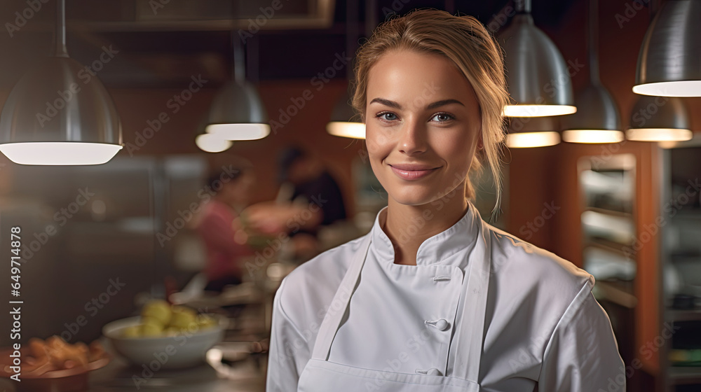 Portrait of A smiling female chef in the kitchen. Generative Ai