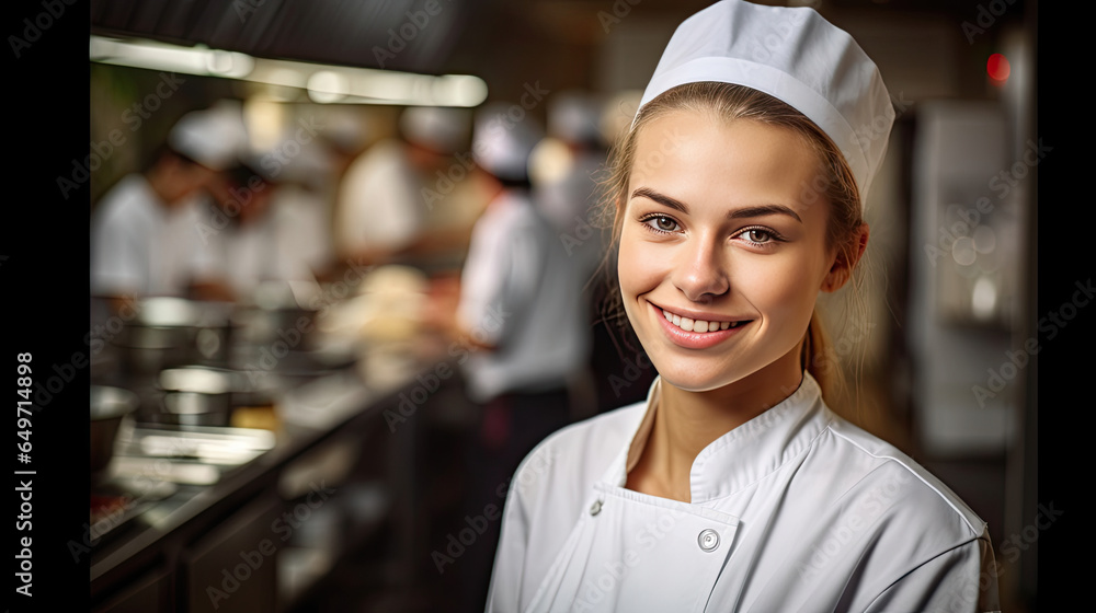 Portrait of A smiling female chef in the kitchen. Generative Ai