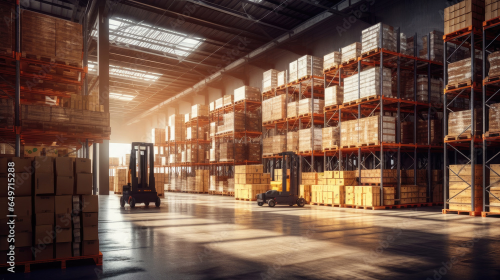 Product distribution center, Retail warehouse full of shelves with goods in cartons, with pallets and forklifts. Logistics and transportation concept. Generative Ai