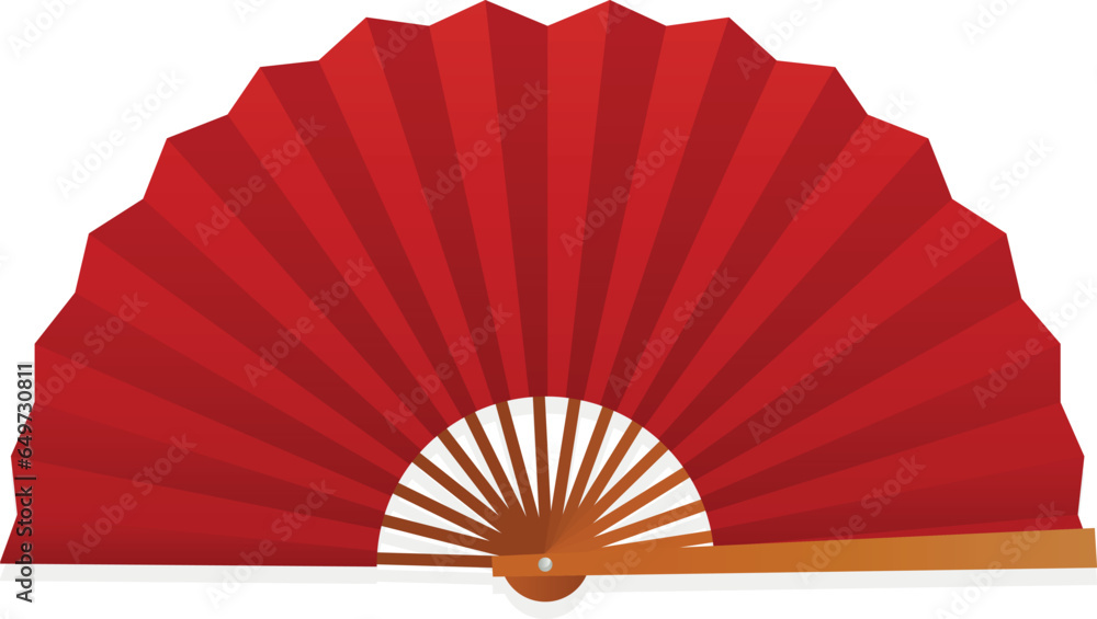 Paper hand fan red folded Asian traditional accessory with bamboo handle vector flat illustration