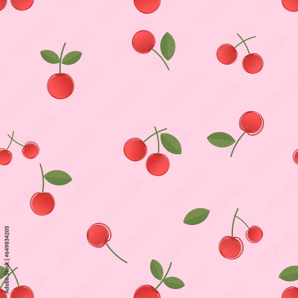 Seamless pattern of cherry fruit with green leaves on pink background vector illustration. Cute fruit print.