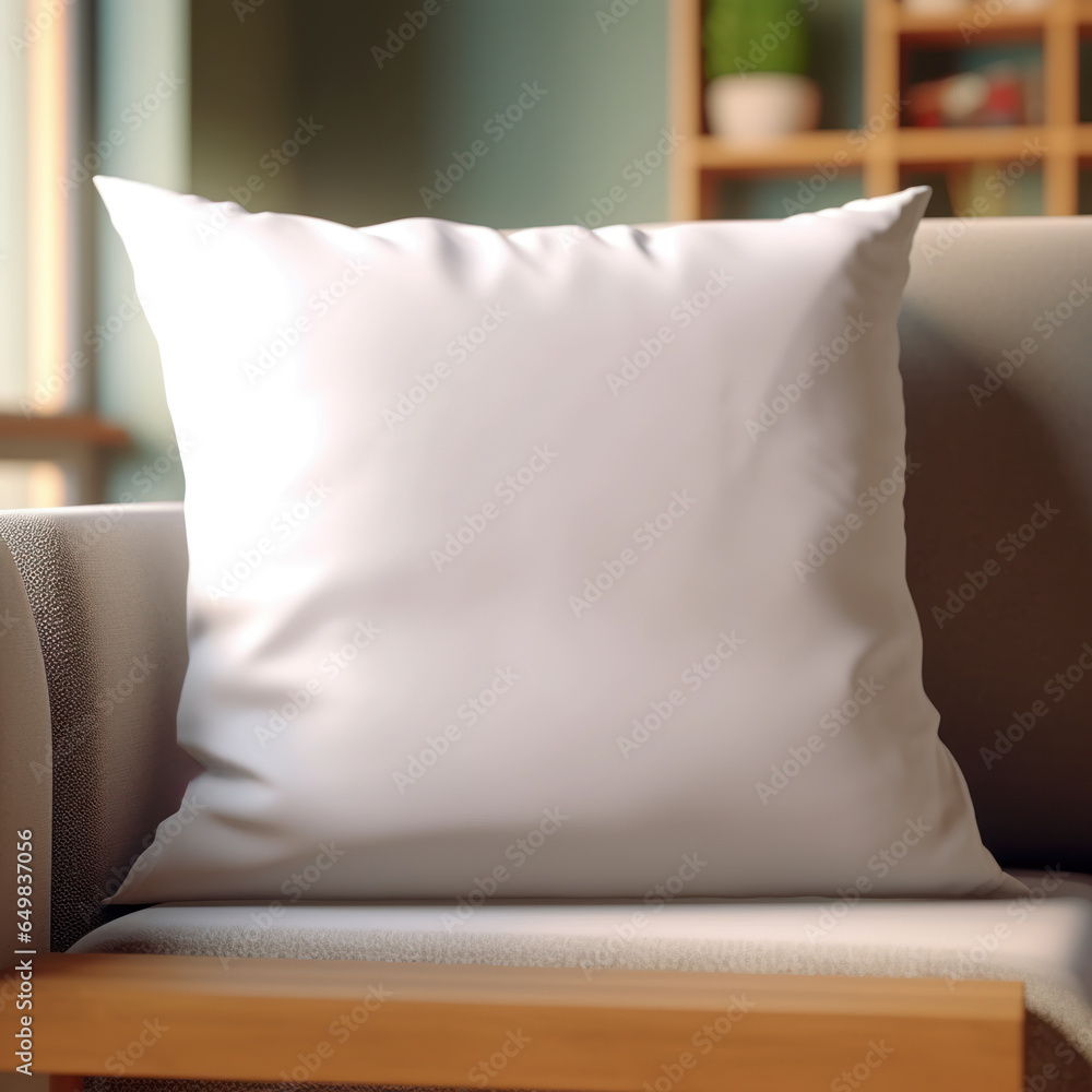 Mockup of white square pillow on sofa in room, close up. Interior design