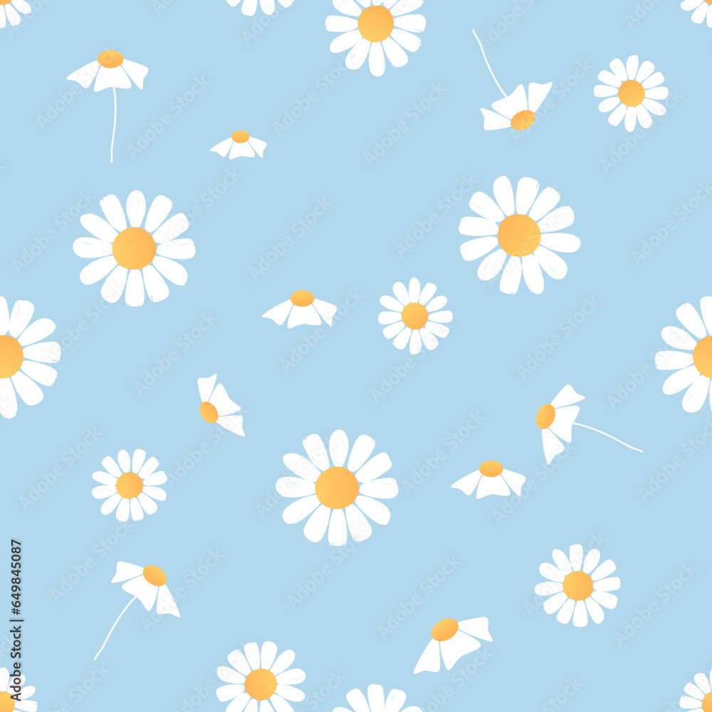 Seamless pattern with daisy flower on blue background vector illustration. Cute floral print.