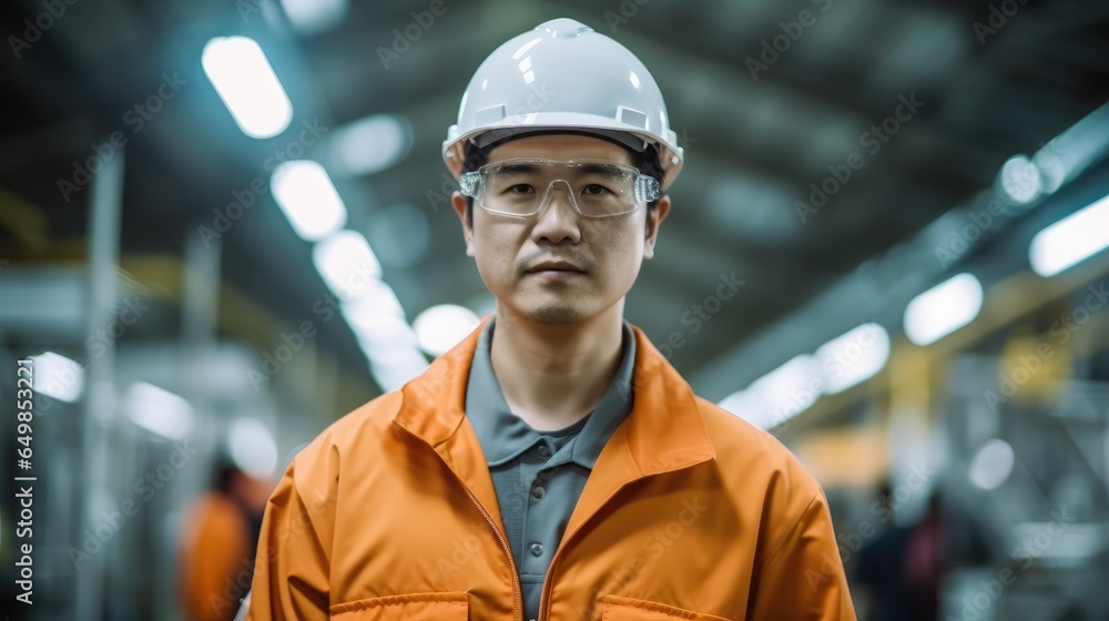 Korean man wearing work clothes clean and neat clothing and head helmet working at copper profile factory.