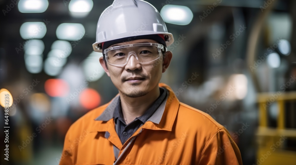 Korean man wearing work clothes clean and neat clothing and head helmet working at copper profile factory.