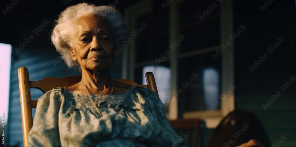 Old African American woman sitting in a rocking chair on her porch home.