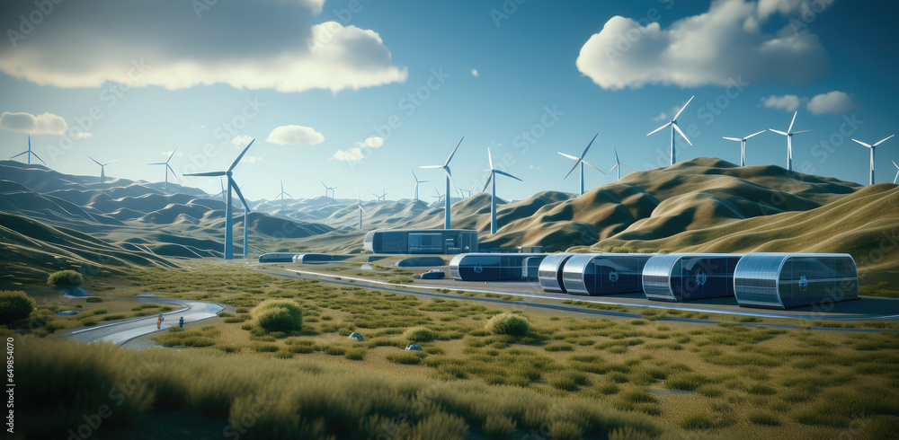 Big hydrogen storage with wind turbines and solar panels, Fluid networks, Global energy concept.