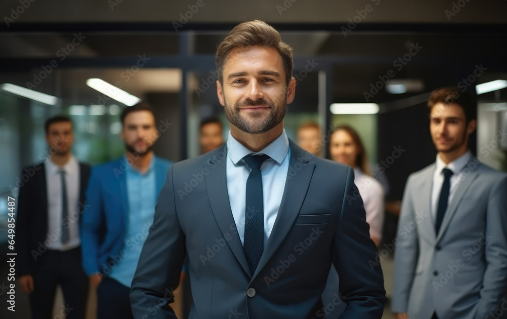 Middle aged business man CEO standing in office arms crossed, Confident professional executive manager.