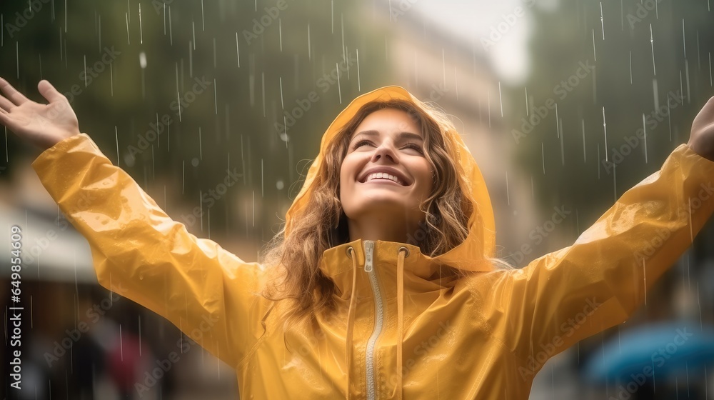 Cheerful woman in yellow raincoat on city road while it rains.