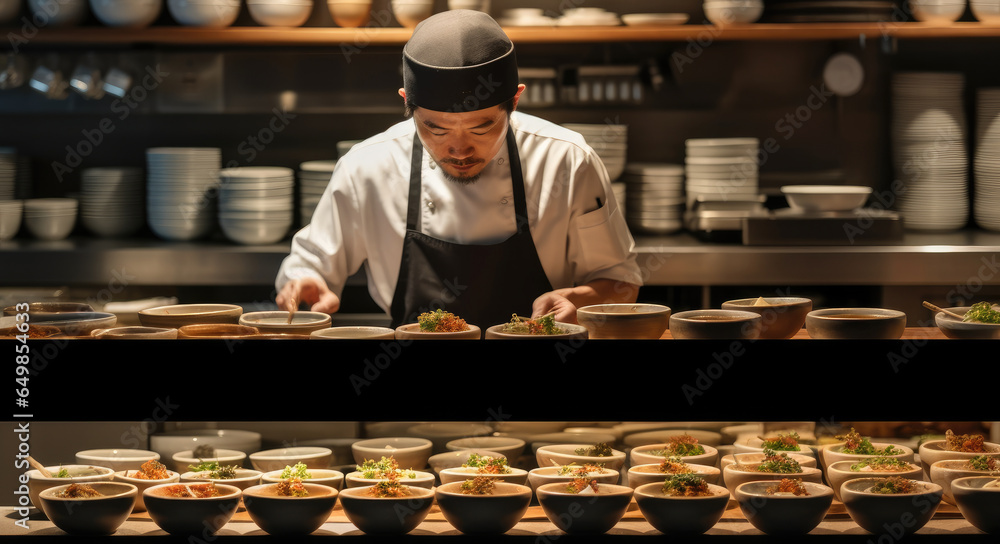 Chef preparing food at Japanese restaurant.