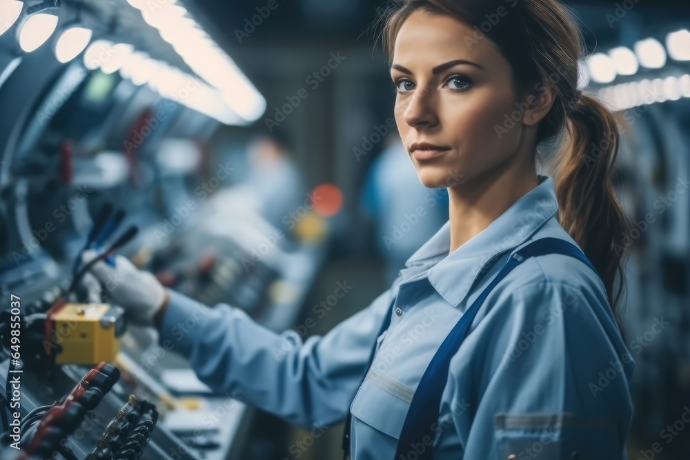 Female technician skillfully operating high-tech machinery in a modern automotive manufacturing setting.