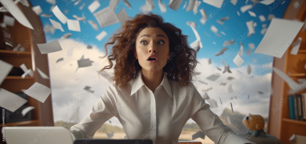 Confident young woman sitting at a desk having paper flying through, Scientist.