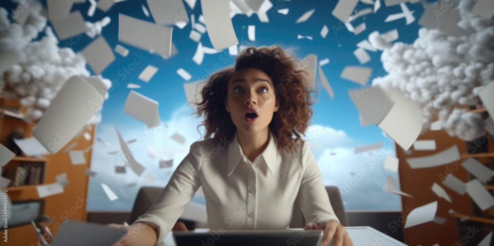 Confident young woman sitting at a desk having paper flying through, Scientist.