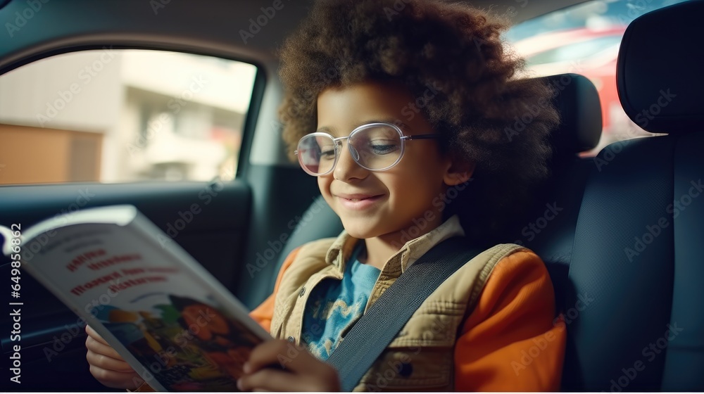 Boy is reading a book sitting in the back seat of a car.