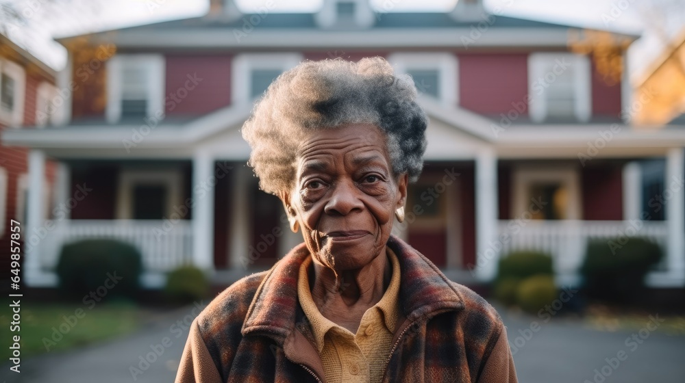 Senior African American woman standing outside at nursing home.