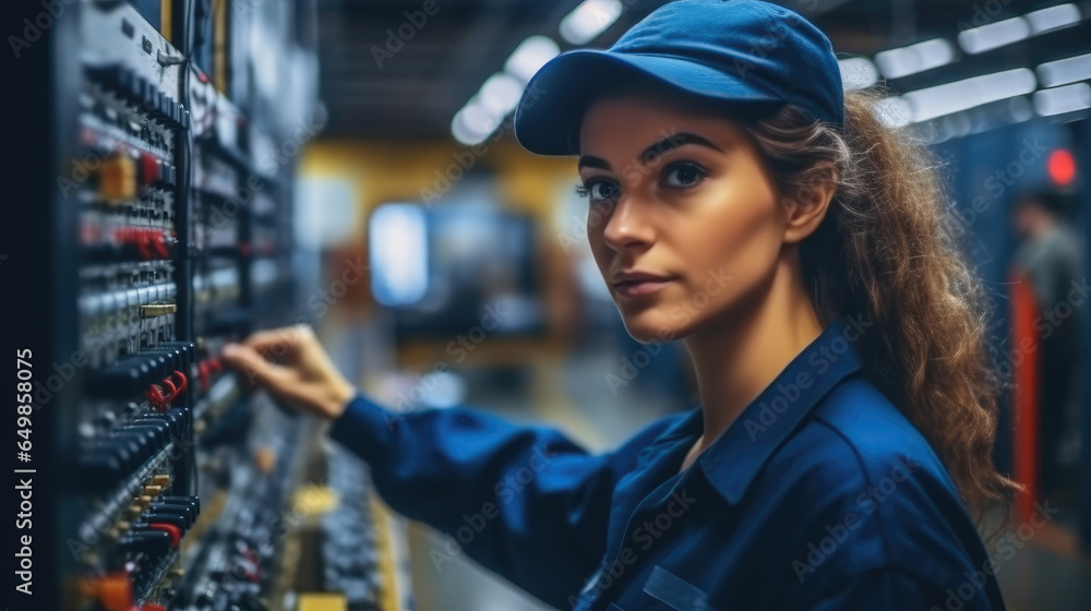 Professional engineer woman is checking and maintenance machine in factory, Quality control.