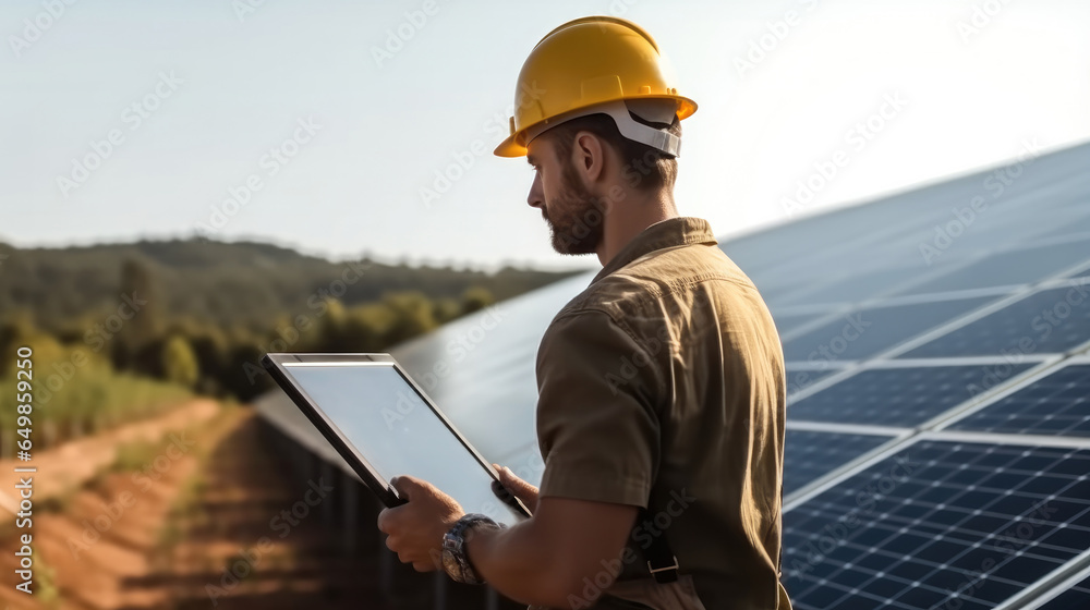 Engineer holding tablet control and checking solar cell farm.