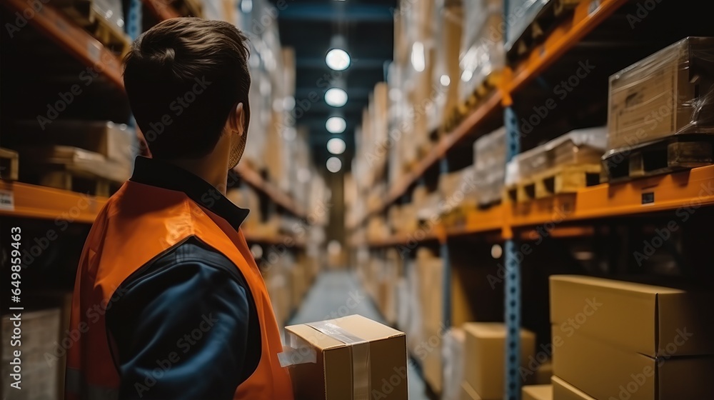 Warehouse worker checking cargo on shelves.