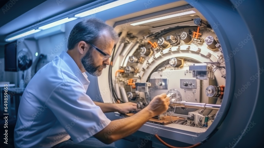 Service technician repairing an MRI machine at a hospital.